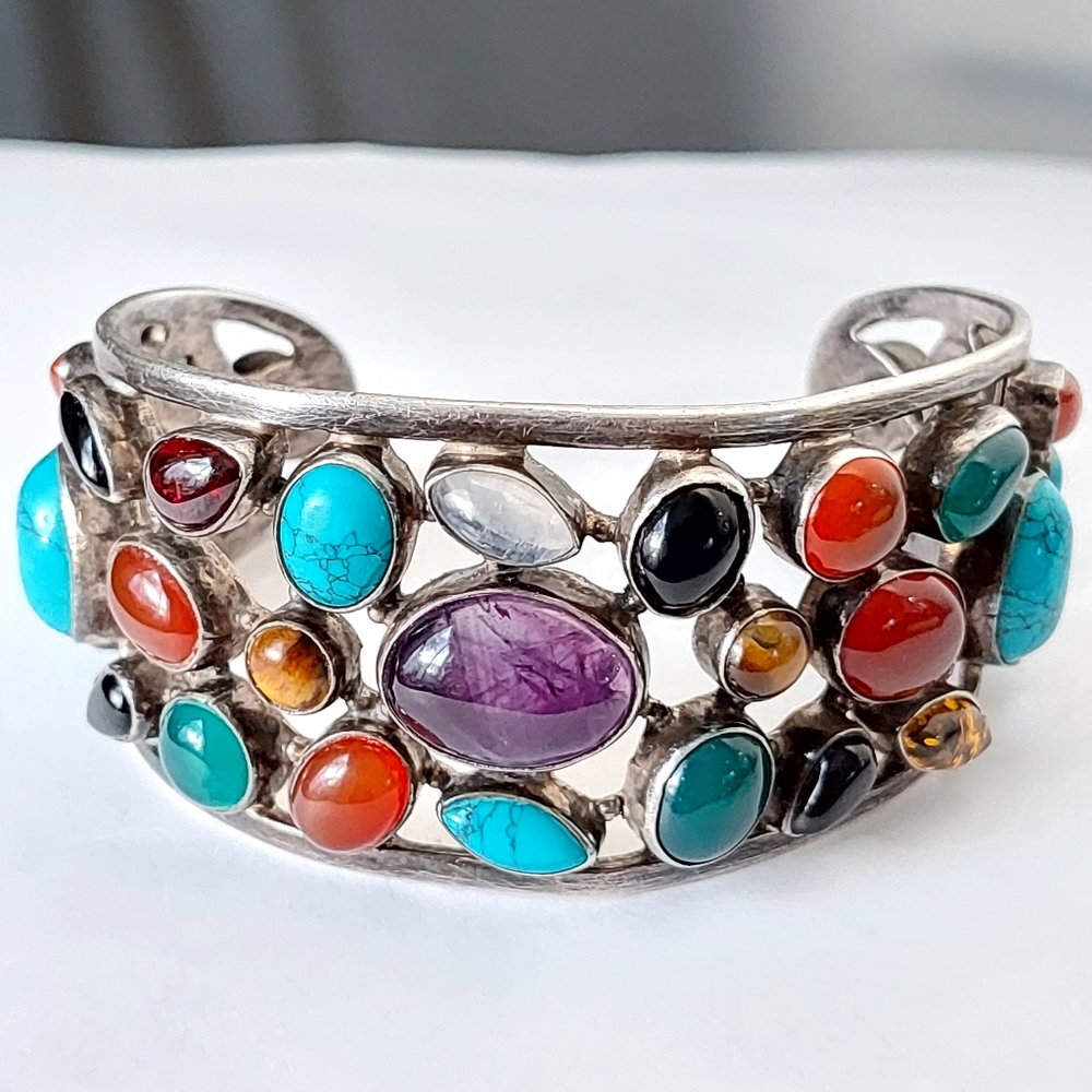 Vintage Sterling Silver Multi-Gemstone Wide Bracelet